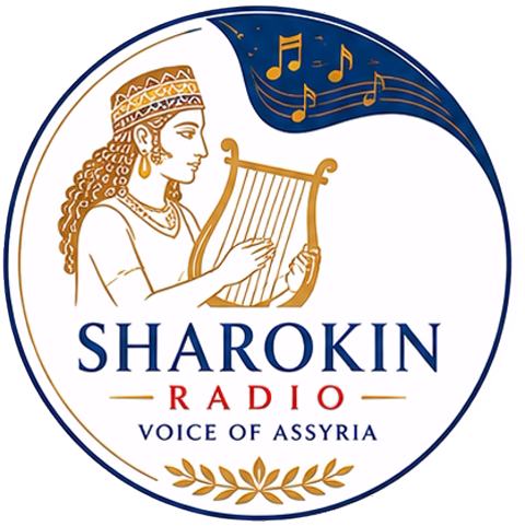 Sharokin Radio logo — an ancient Assyrian figure playing a lyre, encircled by the words Sharokin Radio, Voice of Assyria